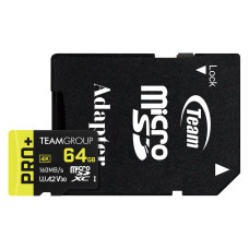 Карта пам`ятi MicroSDXC  64GB UHS-I/U3 Class 10 Team Pro+ R160/W55MB/s + SD-адаптер (TPPMSDX64GIA2V3003)