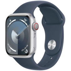 Apple Watch Series 9 GPS + Cellular 41mm Silver Aluminum Case with Storm Blue Sport Band - S/M (MRHV3)