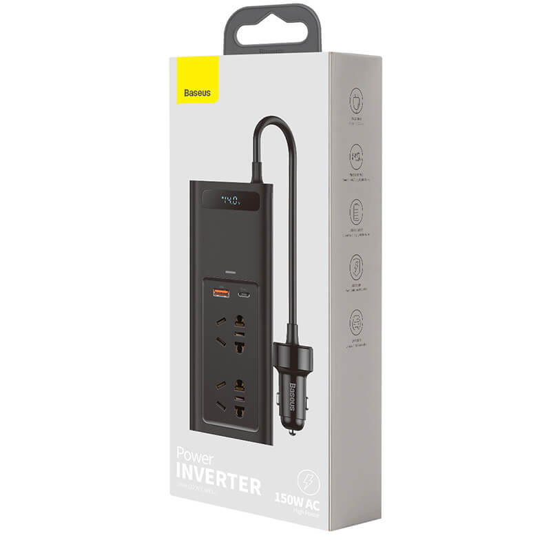 Автомобільний перетворювач напруги BASEUS In-car Inverter 150W (220V EU / CN) | 2Sockets EU / CN 220V, 1USB / 1Type-C, 0.4m (CRNBQ-A01)
