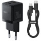 МЗП Baseus Palm Fast Charger Type-C+USB 20W (With Cable Type-C to Type-C 60W 1m) black (P10111608113-01)