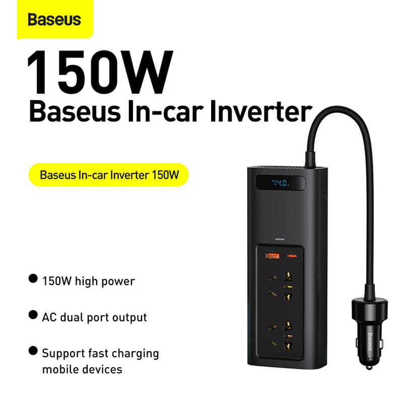 Автомобільний перетворювач напруги BASEUS In-car Inverter 150W (220V EU / CN) | 2Sockets EU / CN 220V, 1USB / 1Type-C, 0.4m (CRNBQ-A01)